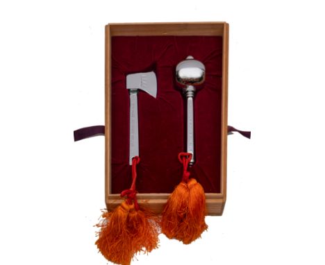 A silver plated launch mallet and axe for the Auke Visser's International Super Tanker 'British Surveyor',  28th March 1972: 