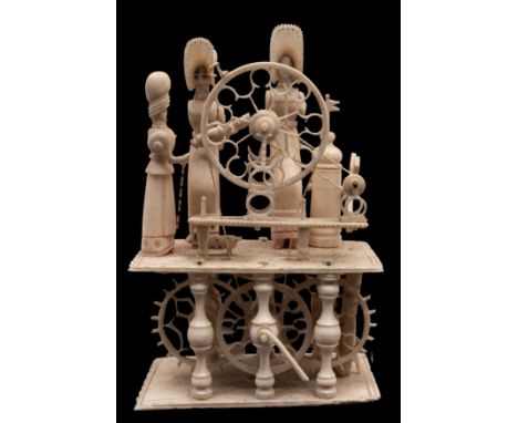 An early 19th century Napoleonic Prisoner-of-War bone 'Spinning Jenny' automaton with three spinning jenny figures and mechan