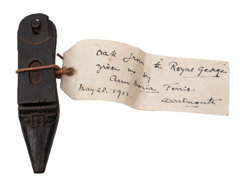 An 18th century oak shoe snuff box: with manuscript label ' Oak from the Royal George' given to me by Anna Maria Ferris, May 