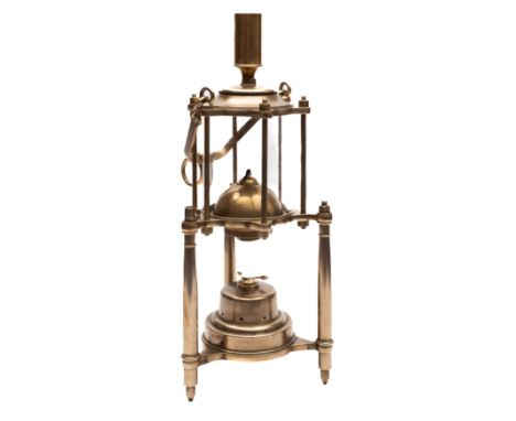 A brass reproduction of an underwater oil lamp after Louis Denayrouse:, based upon the 1873 design, the swing handle over duc