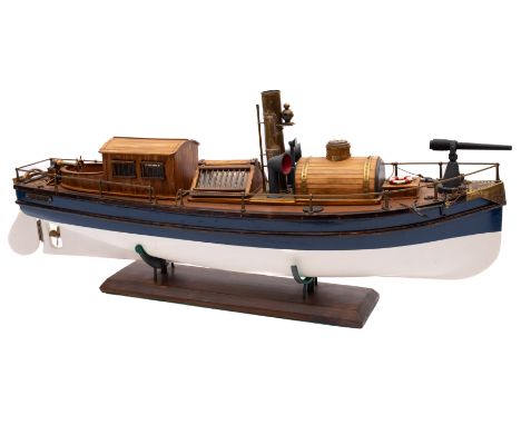 A scale model of a steam gun boat 'Pilar', simulated brass stack, grey vents, arched planked engine cover, wheel house and si