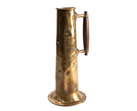 A  copper and brass engine room saline testing jug:  inscribed '2' to body with  turned wood handle, 30cm high.