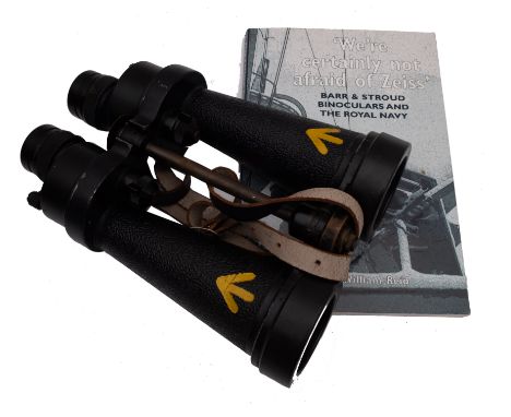 A pair of Barr &amp; Stroud 7x CF41 binoculars: black crackle finish tubes with yellow broad arrow mark, stamped to endplates