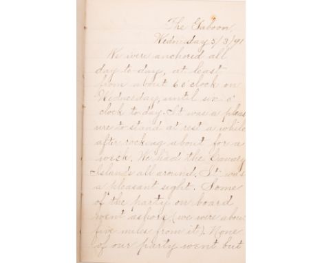 A late 19th century manuscript journal for the SS 'Gabon' by passenger Miss Whiteside, 1891; containing entries from March to