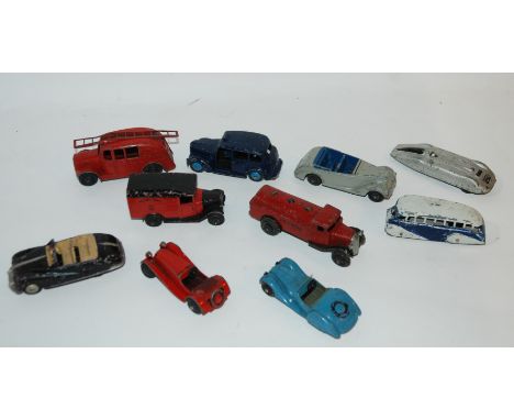 A collection of ten vintage dinky models including Royal Mail, Petrol Tanker, Austin Taxi etc, small Trix Elementrix in box a