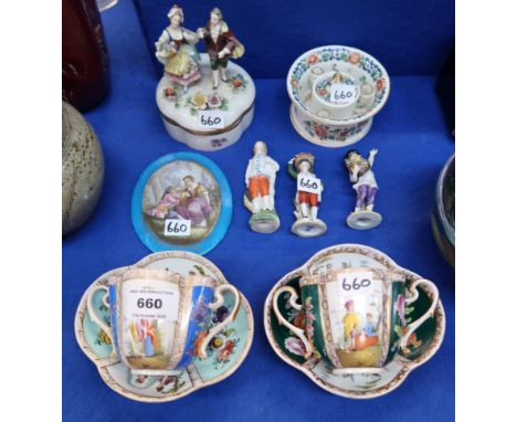 Two Augustus Rex style cups and saucers, two small Naples figures, another figure, Sevres style plaque, Sitzendorf pot and co