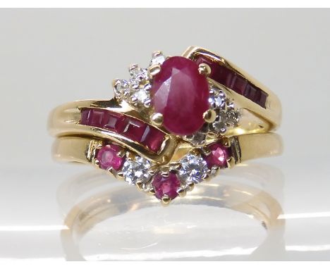 A 9ct gold ruby and diamond cluster ring, size P, together with a 9ct ruby and cz 'V' shaped ring size P, weight together 3.7