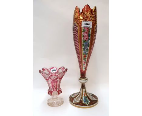 A Bohemian glass vase of tapering form with cut, painted and gilded decoration, 38cm high, together with a ruby flashed and c