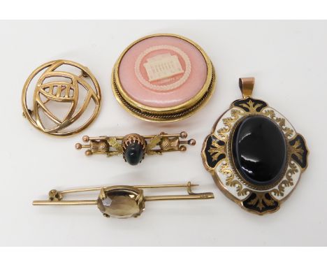 A yellow metal onyx and enamel morning locket, a 9ct thistle brooch, a 9ct Mackintosh brooch, a 9ct smoky quartz brooch combi