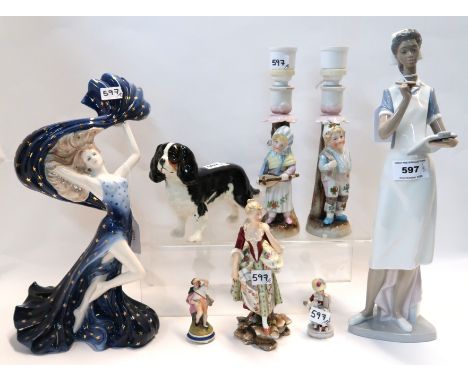 A Royal Doulton figure of a King Charles Spaniel, Wedgwood figure Star Scatterer, Nao figure of a nurse and continental figur