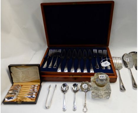 A tray lot of EP - fish cutlery, inkwell etc Condition Report: Available upon request