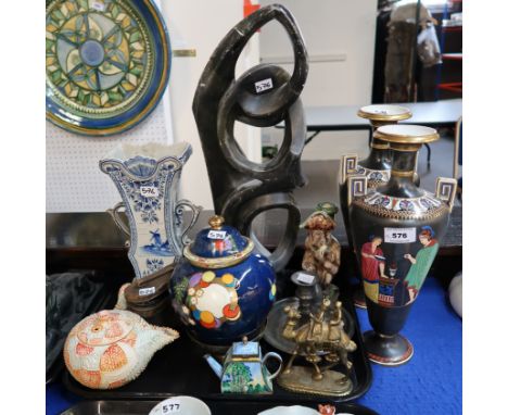 A Delft vase, a pair of Classical decorated vases, a pottery monkey candlestick, a Kelvin Chen enamel teapot and other items 