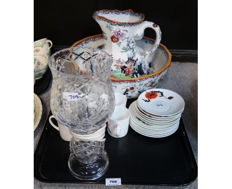 A cut crystal table lamp, Susie Cooper Cornpoppy coffeewares and a Mason's ironstone washbowl and ewer Condition Report: Not 