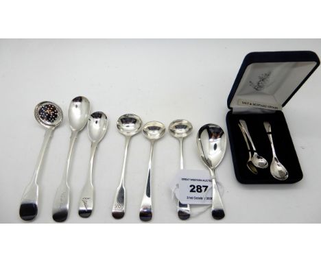 A silver caddy spoon, London 1812, with a sifter, ladle and eight various mustard and salt spoons (10), 103gms Condition Repo