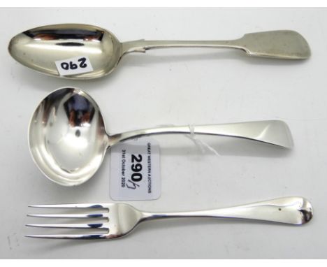 A lot comprising a silver sauce ladle, London 1802, a silver dessert spoon, London 1844 and a plated tablespoon, 84gms weigha