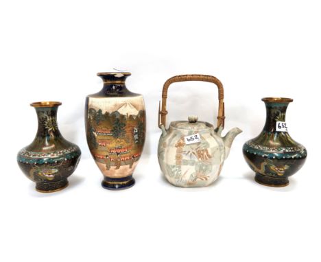 A Satsuma vase, a pair of cloisonne vases decorated with dragons and a pressed ceramic teapot Condition Report: Available upo