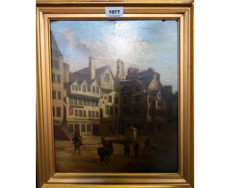 SCOTTISH SCHOOL The Grass market, Edinburgh, oil on panel, 35 x 29cm Condition Report: Available upon request
