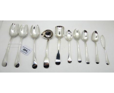 A lot comprising three silver fruit spoons, Sheffield 1897 and assorted teaspoons, a butter knife, a jam spoon and a ladle (1