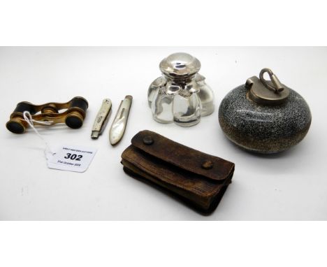 A lot comprising an inkwell modelled as a curling stone, another inkwell and a pair of opera glasses Condition Report: Availa