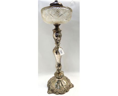 A silver plated oil lamp with cut glass reservoir (converted), 54cm high approx Condition Report: No damage to reservoir, jus