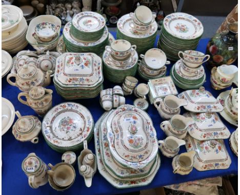 An extensive collection of Copeland Spode Chinese Rose tablewares including plates, bowls, tureens and lids, jugs, cups and s