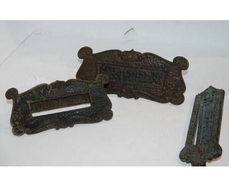 Three vintage letter box plates, shoe last, iron etc Condition Report: Available upon request