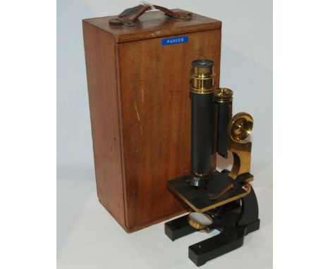 A brass and lacquered black microscope by James Parkes &amp; Sons, Birmingham in fitted case Condition Report: Available upon