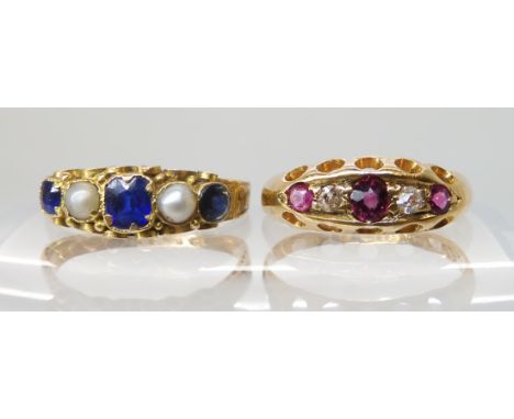 An 18ct red gem and diamond ring, size I, weight 1.7gms, together with a 15ct blue gem and pearl ring size K weight 1.6gms Co