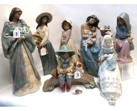 Four Lladro figures including a boy and puppy on a bridge fishing, girl sitting beside sparrows, girl in chair sewing  and a 