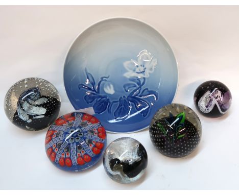 A Caithness flower paperweight (bruised), four other weights and a B &amp; G bowl Condition Report: Available upon request