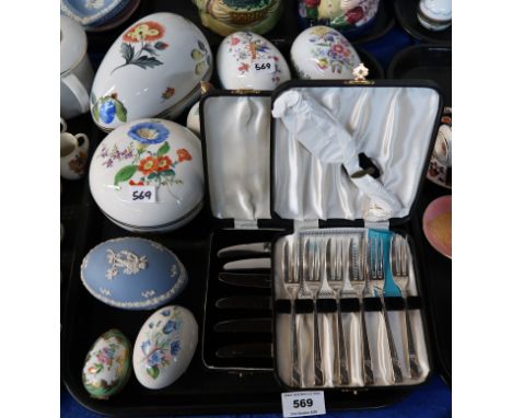 A collection of Meissen, Dresden and other porcelain egg trinket boxes, boxed dessert cutlery etc Condition Report: Available