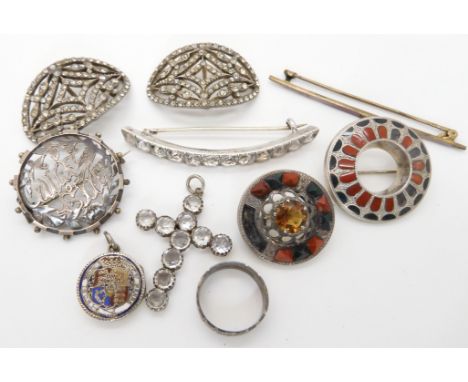 Two Scottish inlaid agate brooches, a white metal enamelled locket made from a George III coin and other items Condition Repo