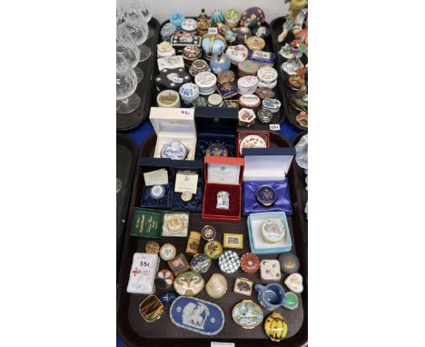 A large collection of trinket boxes including Halcyon Days, Crummles, Staffordshire Enamel, Wedgwood and others Condition Rep