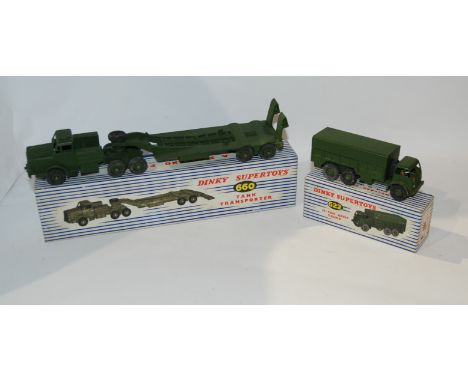 A Dinky 661 Recovery Tractor, a Dinky 660 Tank Transporter, Dinky 689 Medium Artillery Tractor, Dinky 622 10 - Ton Army Truck