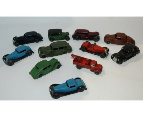 A collection of eleven vintage Dinky models including Lincoln Zephyr, Packard, Riley etc, Dinky 751 Lawn Mower in original bo