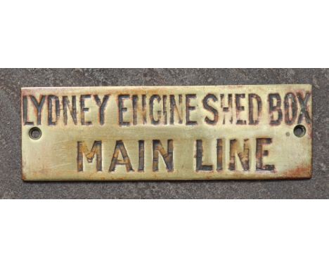 Railwayana - A brass signal box shelfplate "LYDNEY ENGINE SHED BOX MAIN LINE", 12 x 3.9cm, with black wax infill