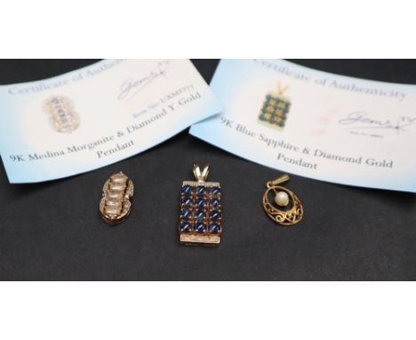 A 9ct gold Medina Morganite &amp; diamond pendant together with a 9ct gold sapphire and diamond pendant and another pendant o