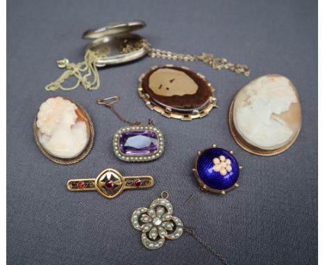 A blue enamel and opal set brooch together with a 9ct gold cameo brooch, a 9ct gold garnet set brooch, other brooches, white 