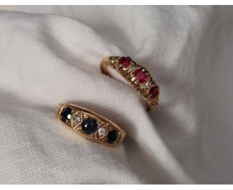 An 18ct yellow gold sapphire and diamond ring together with an 18ct yellow gold ruby and diamond ring, approximately 6 grams 