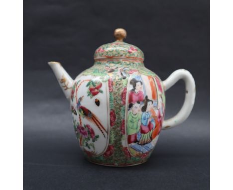 A Cantonese porcelain teapot, decorated with figures, birds and butterflies within scrolling borders, 12.5cm high  CONDITION 