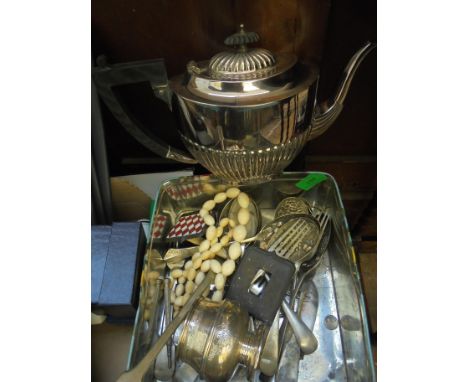 Box of silver plated cutlery, spoons, forks and knives together with teapot and sugar bowl and an enamelled car badge stating