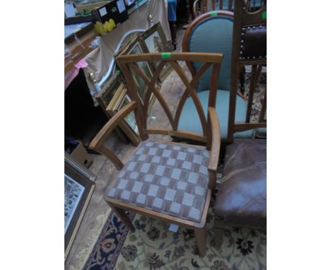 Light wood armed dining chair with fabric seats