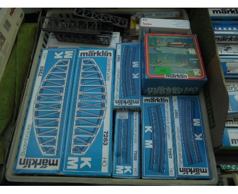 Large box of Marklin HO accessories, bridges, lighting, level crossings, all HO grade