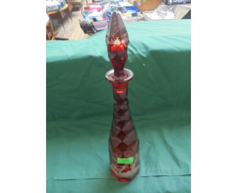 Unusual Bohemian 19th century ruby octagonal decanter, faceted and engraved with Stag and woodland to the body and stopper (4