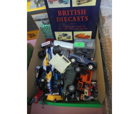 Mixed box of diecast model cars and tractors including a Formula One Renault and hardback book, British Diecast Collector's g