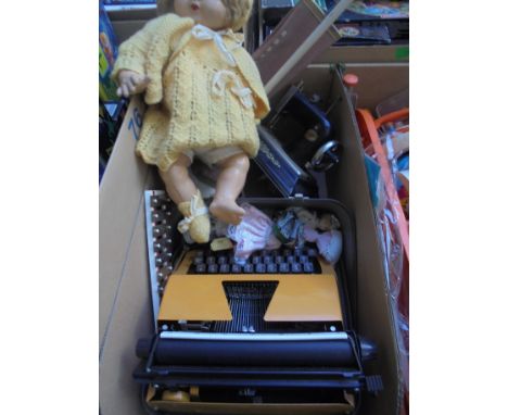 Box of vintage toys to include Comet metal child's sewing machine, miniature upright Hoover vacuum cleaner, Lilliput Toy Type