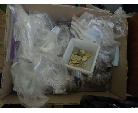 Large box of loose coinage bagged, including Two Shilling pieces, One Shilling Pieces, Half Crowns and other British Silver c