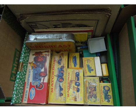 Nice collection of Matchbox toys in original boxes together with a Crescent Toy tractor, cigarette card album and tea card al