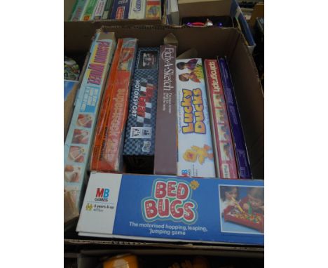 Large box of various vintage games in original boxes incl Bed Bugs, Spirograph, Top Gear, Etch a Sketch and others