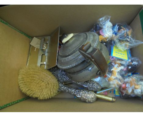 Mixed box of silver plate, white metal items, dressing table set, possibly silver backed and a selection of miniature toy dog